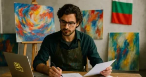 Официални празници и почивни дни през 2026 г. 4 Bulgarian artist balancing creative work and legal paperwork in a studio
